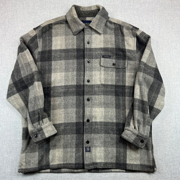 Vintage Y2K Nautica Jeans Heavy Flannel Shirt Jac Mens Large Gray Plaid Shacket - Picture 2 of 11